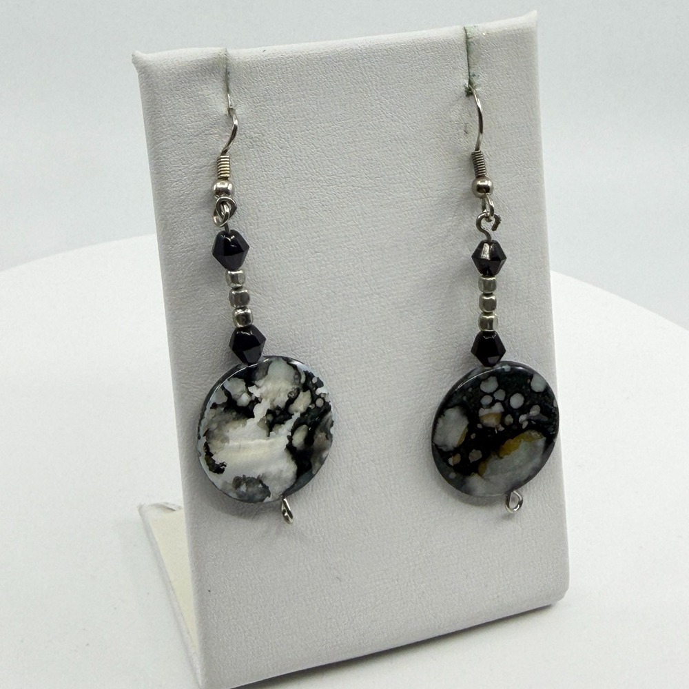 Black White Speckled Stone Dangle Earrings Gothic Boho Statement Jewelry - Picture 5 of 9